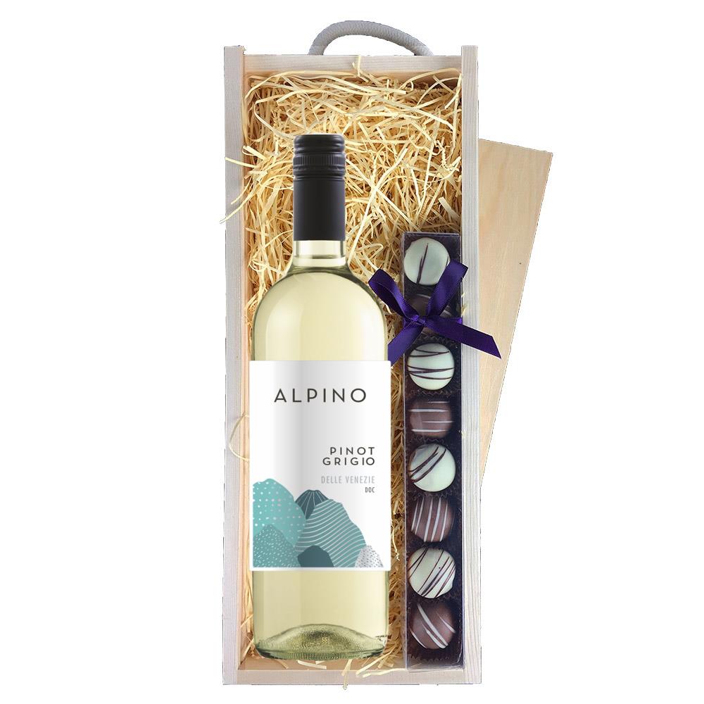 Alpino Pinot Grigio 75cl White Wine & Heart Truffles, Wooden Box
